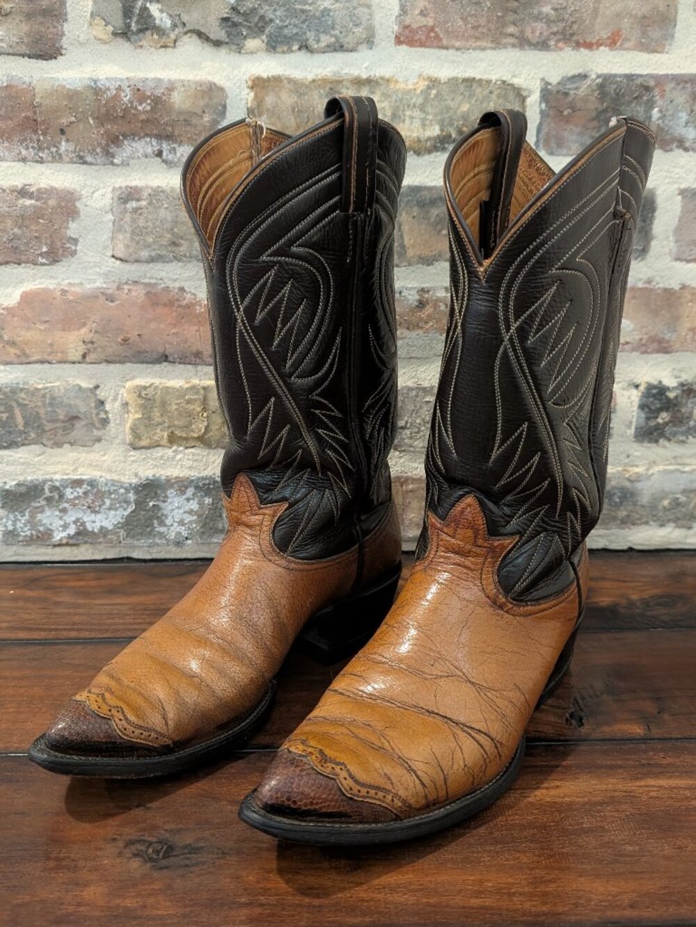 Vintage Tony Lama Cowboy Boots Lizard Skin Toe Wing Tip Brown Mens